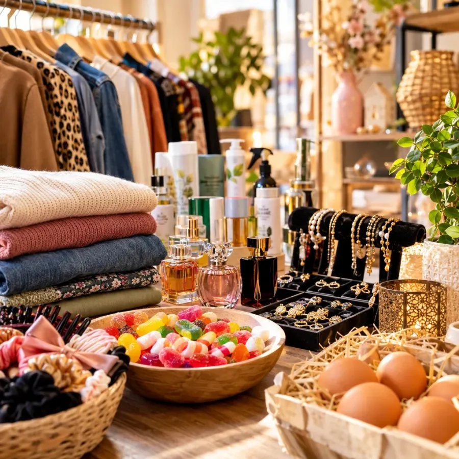 Intérieur de la friperie BRODIS à Boëge avec vêtements de seconde main, bijoux et décoration